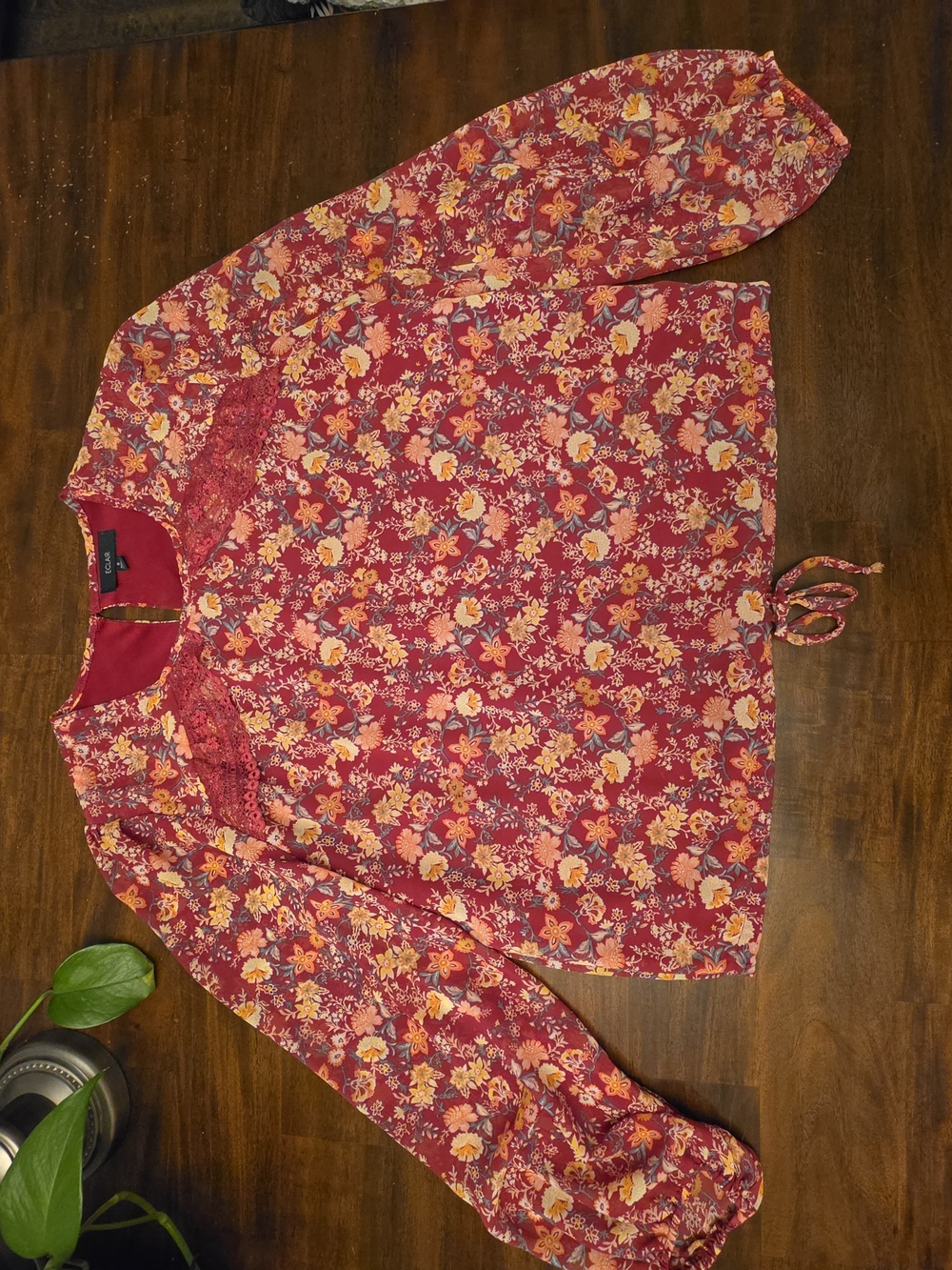 Eclair Floral Long Sleeve Blouse Size S Boho Lace Trim Tie Front Top
